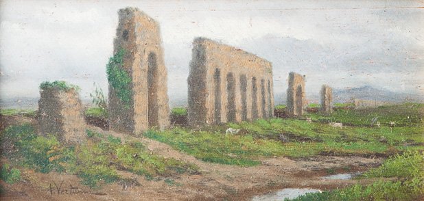 Achille Vertunni (Napoli, 1826 - Roma, 1897) Veduta de: olio su tavola, cm 12 x 24,5Firmato in basso a sinistra: A VertunniACHILLE VERTUNNI (NAPLES, 1826-ROME, 1897), VIEW OF THE ROMAN COUNTRYSIDE WITH AQUEDUCT, OIL ON BOARD, CM 12 X 24,5, SIGNED BOTTOM LE