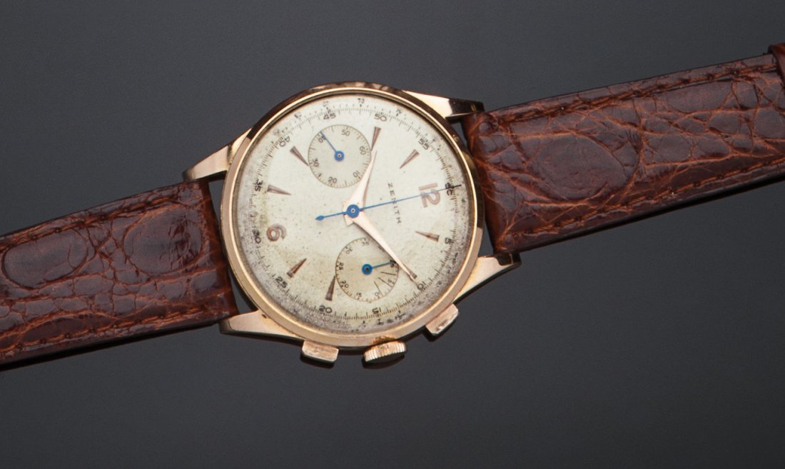 Cronometro Zenith: in oro rosa 18 kt, movimento a carica manuale, diametro mm 38, calibro mod. n°146; numero di matricola 124604, serie della cassa n° 15518, inizi anni Quaranta. Meccanismo con impresso il numero del 