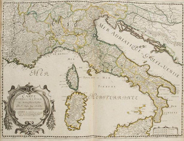 Atlante - Sanson d'Abbeville, Nicholas La France, l'Esp: Parigi, presso l’autore, 1651. In 2°. 5 parti in 1 vol. Frontespizio generale, 2 carte generali del mondo, ogni parte si compone di proprio frontespizio, carta dell’indice, 10 carte geografiche a