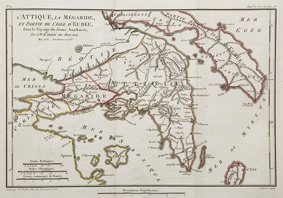 Barthélémy, Jean-Jacques - Barbié du Bocage, Jean-Denis: Parigi, Didot Jeune, l'An Septieme. In 4°. Con 40 tavole incise in rame, di cui 39 ripiegate e numerate 1 - 39, ritratto a piena pagina, sporadiche fioriture, qualche brunitura, legatura originale in