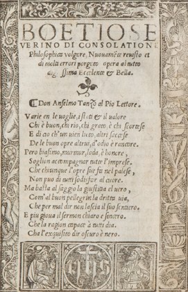 Boezio, Severino Di consolatione philosophica volgare: Venezia, fratelli Nicolini da Sabbio, 1527. In 8°. Frontespizio entro raffinata bordura xilografica composta da quattro legni, con elementi floreali e due ritratti di filosofi in basso, lievi fioritu