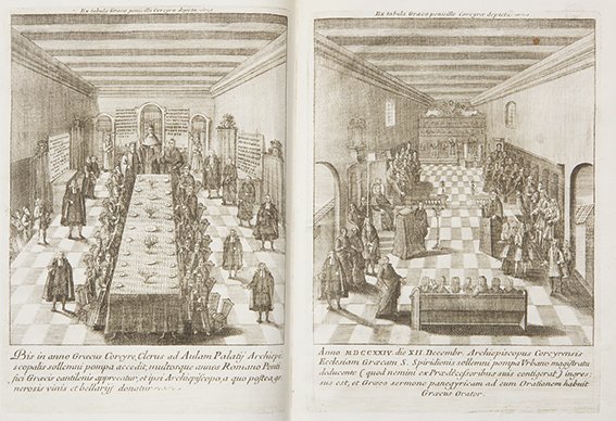 Corfù - [Querini, Angelo Maria] Primordia Corcyrae [.: Brescia, Giammaria Rizzardi, 1738. In 4°. Frontespizio in rosso e nero con carta di Corfù incisa in rame, 2 tavole calcografiche a piena pagina, altra mappa della città di Corfù, capilettera calco