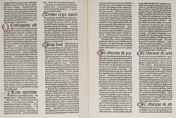 Incunabolo - Alexander de Ales Summa universae theologi: Venezia, Johannes de Colonia and Johannes Manthen, 1475. In 2°. Testo in gotica su due colonne, capilettera con iniziali decorate in rosso e blu, spazi per letterine-guida, mancano le cc.EE4 ed EE7 c