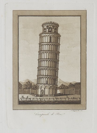 Pisa - Rossi, Giuseppe de Collezione delle più interess: Firenze, Gaetano Calamandrei, 1823. In 2°. Con 16 tavole incise all'acquatinta da Cappiardi, fioriture e leggera gora d’acqua, copertina editoriale in cartoncino floscio marrone, con al piatto ante