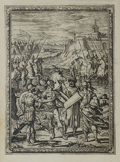 Tasso, Torquato La Gierusalemme Liberata...con le figu: Genova, Girolamo Bartoli, 1590. In 4°. Frontespizio calcografico con cornice architettonica sormontata dal ritratto dell'autore tra due putti e vedutina di Genova al margine inferiore, 20 tavole a pi