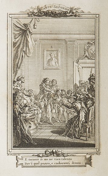 Tassoni, Alessandro La secchia rapita. Poema eroicomico: Parigi, appresso Lorenzo Prault e Pietro Durand, 1766. In 8°. 2 voll. Due frontespizi incisi, una antiporta incisa da Jacques Le Roy su disegno di Gravelot con l'allegoria della poesia eroicomica, un