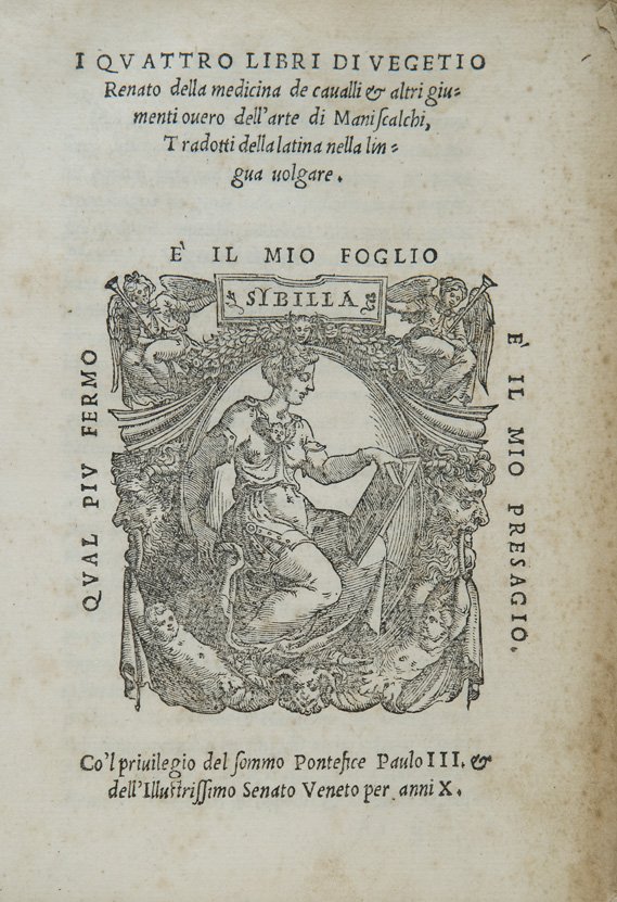 Vegezio I quattro libri della medicina de cavalli et al: Venezia, Tramezzino, 1544. In 8°. Marca al frontespizio, spazi per capilettera con letterine guida, rare e leggere fioriture, legatura coeva in pergamena floscia, titoli manoscritti al dorso, lieve d