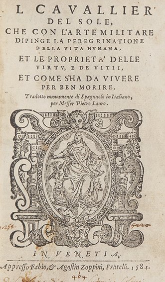 Volgarizzamenti - Hernandez de Villalumbrales, Pedro Il: Venezia, Fabio & Agostin Zoppini, 1584. In 8°. Marca tipografica al frontespizio, bruniture, manca la c.*8 bianca, legatura in mezza pergamena e cartone del XVIII sec. Nota di possesso al frontespizi