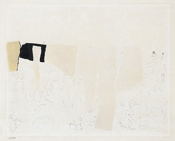 Alberto Burri (Città di Castello 1915 - Nizza 1995) Muf: acquaforte e litografia, es. 135/150, cm 31,5 x 39,5Firma a matita in basso a destraEditore Castelli, RomaTimbro a secco all’angolo superiore sinistro dell’Associazione Amatori d’ArteFoglio legg