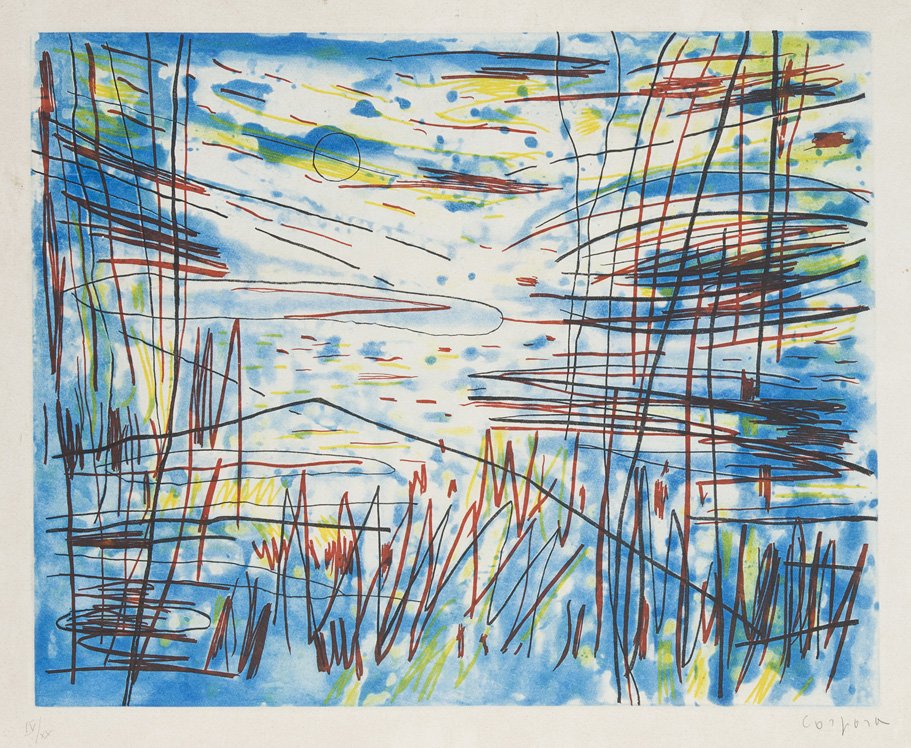 Antonio Corpora (Tunisi 1909 – Roma 2004) Composizione: acquatinta es. IV/XX, cm 41 x 51Firma a matita in basso a destraMargini del foglio leggermente ingiallitiANTONIO CORPORA (TUNIS 1909 - ROME 2004) COMPOSITION, COLOURED ETCHING NUMBERED IV/XX CM 41 X 5