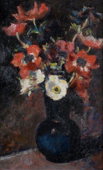 Corrado Michelozzi (Livorno 1883 - 1965) Fiori in un va: olio su legno, cm 49,5 x 32Siglato in basso a sinistrasul retro firma di mano dell’artistaCORRADO MICHELOZZI (LIVORNO 1883 - 1965), FLOWERS IN A VASE, OIL ON WOOD 49,5 X 32 CM, MONOGRAM LOWER LEFT, 