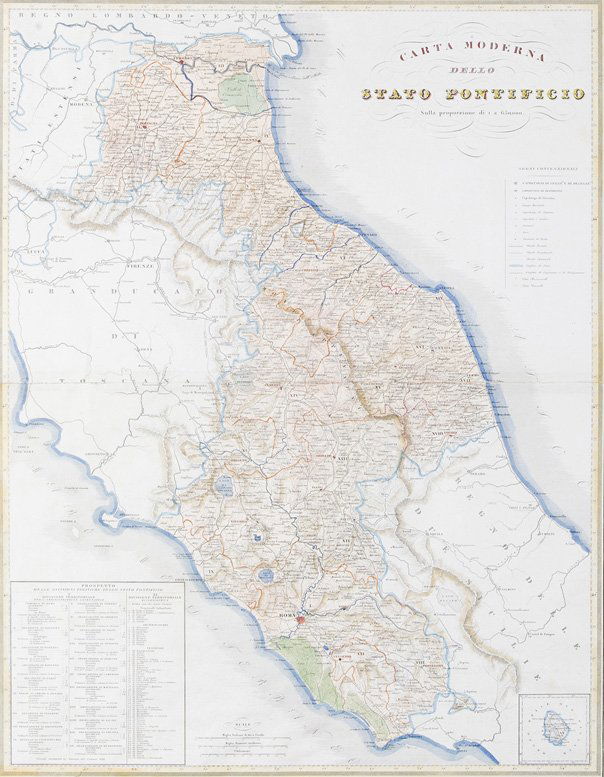 [Attilio Zuccagni Orlandini] - G. Pozzi - V. Stanghi - : Carta geografica incisa in rame ed acquerellata, 1844, in basso a sinistra timbro a secco, mm 750 x 600, piccola lacuna al margine che non lede la parte incisa, strappi.