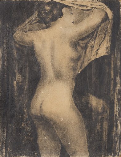 Emile Jean Joseph Gaudissard Nudo di donna: Incisione su carta forte, prova unica, mm 375 x 280,dedica dell’autore ad un amico, datata 1909 (?), in calce al margine della cornice in cartoncino, bruniture e strappi alla cornice.