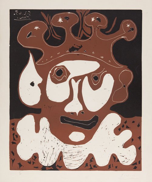 Pablo Picasso (Málaga 1881 - Mougins 1973) Tête de bu: linoleografia su carta Arches, es. 3/160, cm 64,2 x 52,8 (cm 75,3 x 62,2 misure del foglio)Firma e data al rovescio nella lastra: Picasso 5.2.65.Firma a matita in basso a destraDue lievi gore di umidi