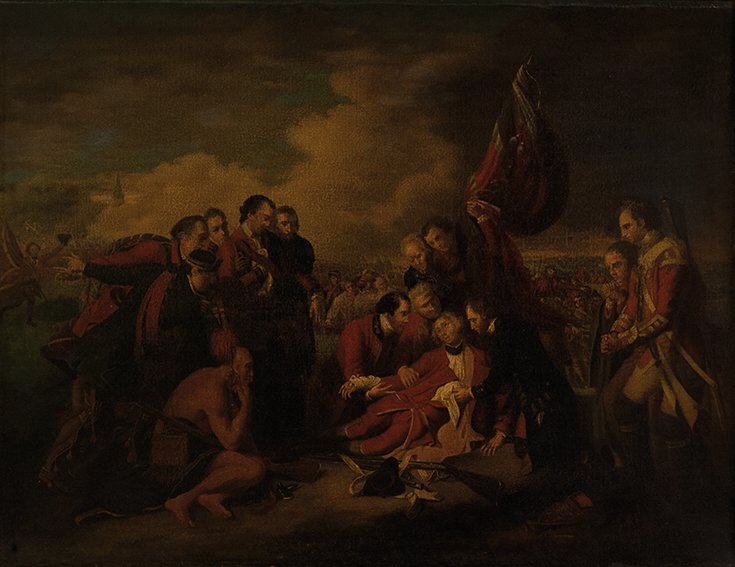 Da Benjamin West, secolo XIX La morte del generale: olio su tela, cm 47 x 61AFTER BENJAMIN WEST, 19TH CENTURY, THE DEATH OF GENERAL WOLFE, OIL ON CANVAS, 47 X 61 CM