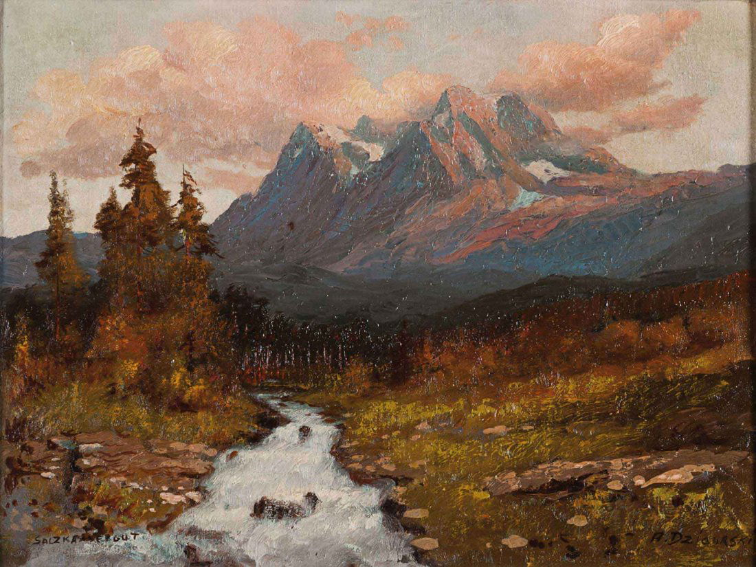 Alexander Dzigurski (1911 - 1995) Paesaggio montano: olio su cartone telato, cm 28,5 x 38,5Intitolato e firmato: Salzkamergut A. DzigurskiALEXANDER DZIGURSKI (1911 - 1995), MOUNTAIN LANDSCAPE, OIL ON CARDBOARD, CM 28,5 X 38,5 SIGNED