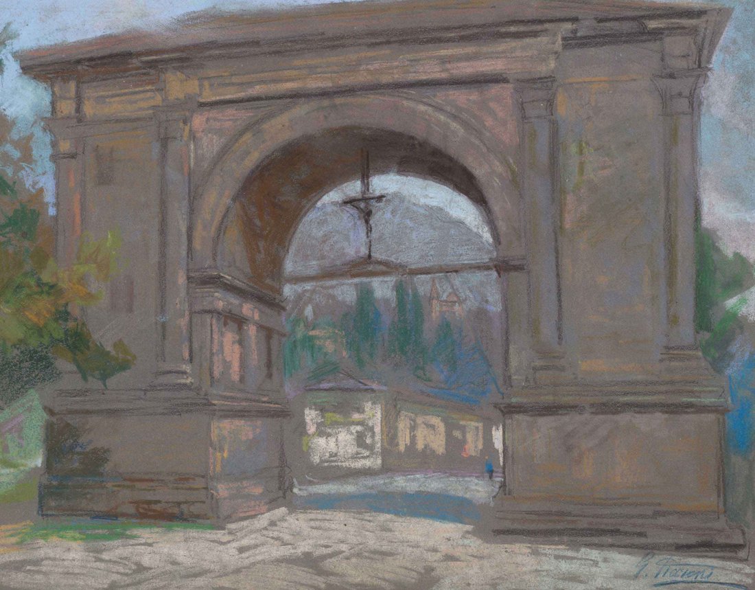 Gino Piccioni (Foligno 1873 - Biella 1941) Aosta,: pastello su cartoncino, cm 31,8 x 41Firmato in basso a destra: G. PiccioniGINO PICCIONI (FOLIGNO 1873 - BIELLA 1941), AOSTA, THE ARCH OF AUGUSTUS, PASTEL ON CARD. CM 31,8 X 41 SIGNED