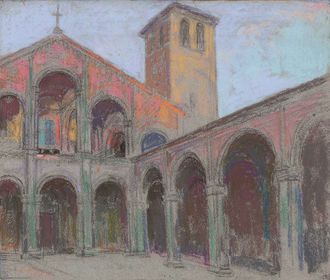 Gino Piccioni (Foligno 1873 - Biella 1941) Milano, la: pastello su cartoncino, cm 40 x 47,5Firmato in basso a sinistra: G. PiccioniGINO PICCIONI (FOLIGNO 1873 - BIELLA 1941), MILAN, CHURCH OF SAINT AMBROSE, PASTEL ON CARD, CM 40 X 47,5 SIGNED