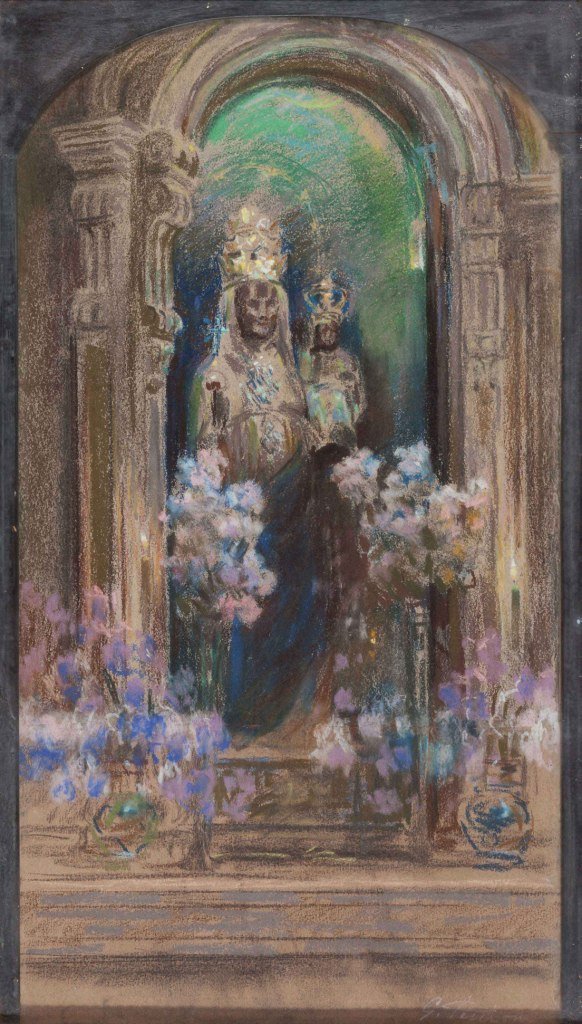 Gino Piccioni (Foligno 1873 - Biella 1941) L’edicola: pastello su cartoncino, cm 61,5 x 33Firmato in basso a destra: G. PiccioniGINO PICCIONI (FOLIGNO 1873 - BIELLA 1941), EDICOLA SACRA, PASTEL ON CARD, CM 61,5 X 33 SIGNED