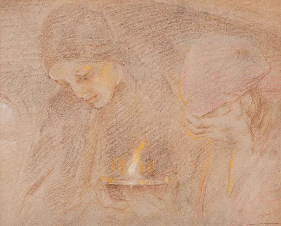 Gino Piccioni (Foligno 1873 - Biella 1941) La veglia: tecnica mista su cartoncino, cm 39,3 x 49,5Tracce di firma in basso a destraGINO PICCIONI (FOLIGNO 1873 - BIELLA 1941), THE WAKEFULNESS, MIXED MEDIA ON CARD, CM 39,3 x 49,5