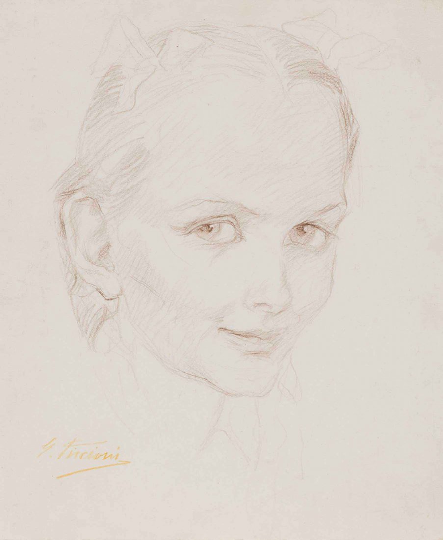 Gino Piccioni (Foligno 1873 - Biella 1941) Volto di: pastello su cartoncino, cm 30 x 25 Firmato in basso a sinistra: G. PiccioniGINO PICCIONI (FOLIGNO 1873 - BIELLA 1941), WOMAN FACE, PASTEL ON CARD, CM 30 X 25 SIGNED