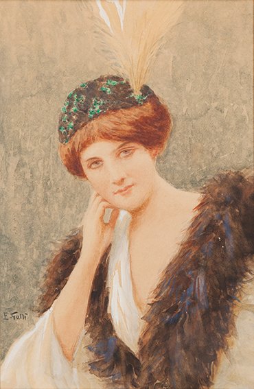 Eduardo Galli (Napoli 1854 - 1920) Giovane signora con: acquarello su cartoncino, cm 44 x 28Firmato in basso a sinistra: E. GalliEDUARDO GALLI (NAPLES 1854 - 1920), YOUNG WOMAN WITH HAT AND FUR, WATERCOLOUR ON CARD, CM 44 X 28, SIGNED
