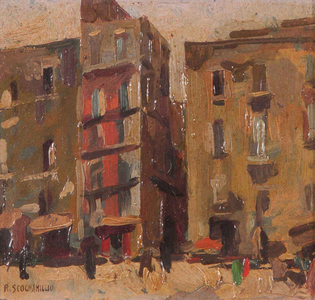 Roberto Marcello Scognamiglio (1883 - 1965) Piazza di: olio su cartone, cm 17 x 21,5Firmato in basso a sinistra: R. SCOGNAMIGLIOROBERTO MARCELLO SCOGNAMIGLIO (1883 - 1965), NAPLE’S SQUARE, OIL ON CARDBOARD, CM 17 X 21,5 SIGNED