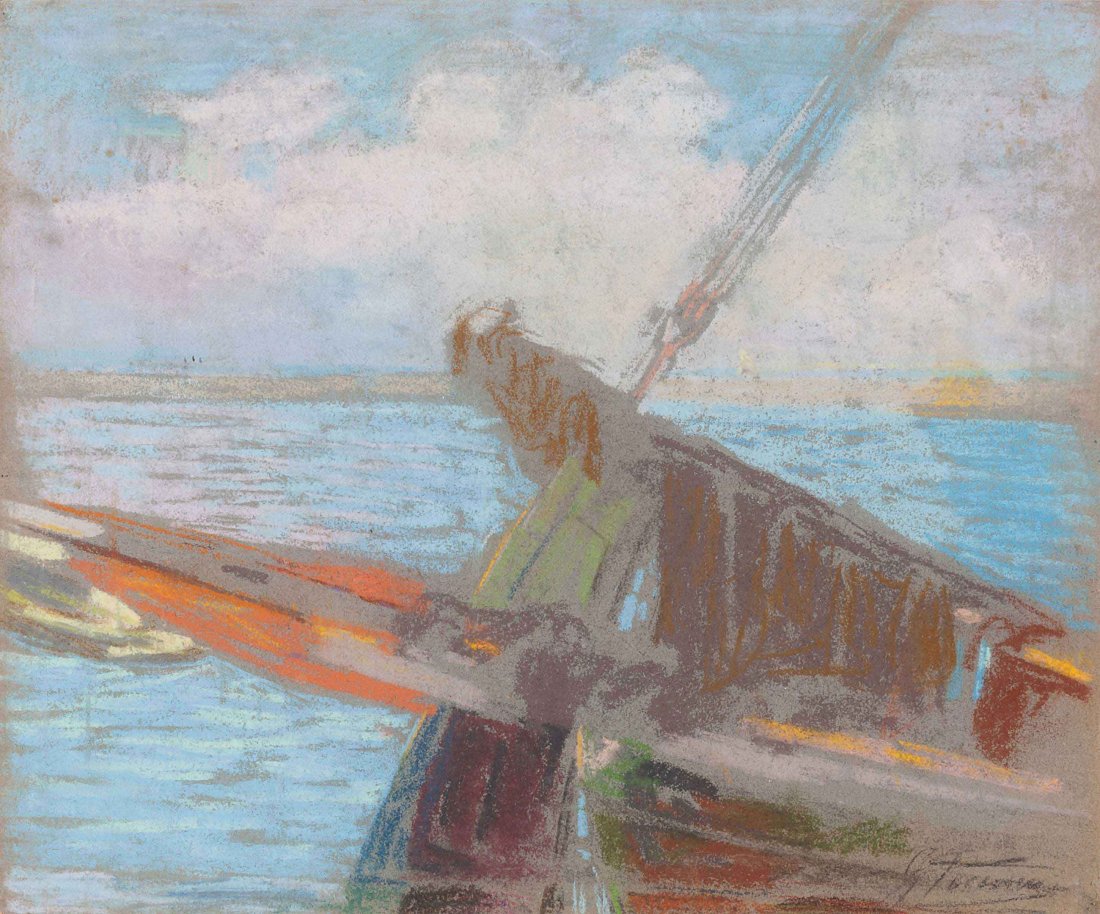 Gino Piccioni (Foligno 1873 - Biella 1941) Barca nei: pastello su cartoncino, cm 39 x 47Firmato in basso a destra: G. PiccioniGINO PICCIONI (FOLIGNO 1873 - BIELLA 1941), BOAT NEAR THE COAST, PASTEL ON CARD, CM 39 X 47 SIGNED