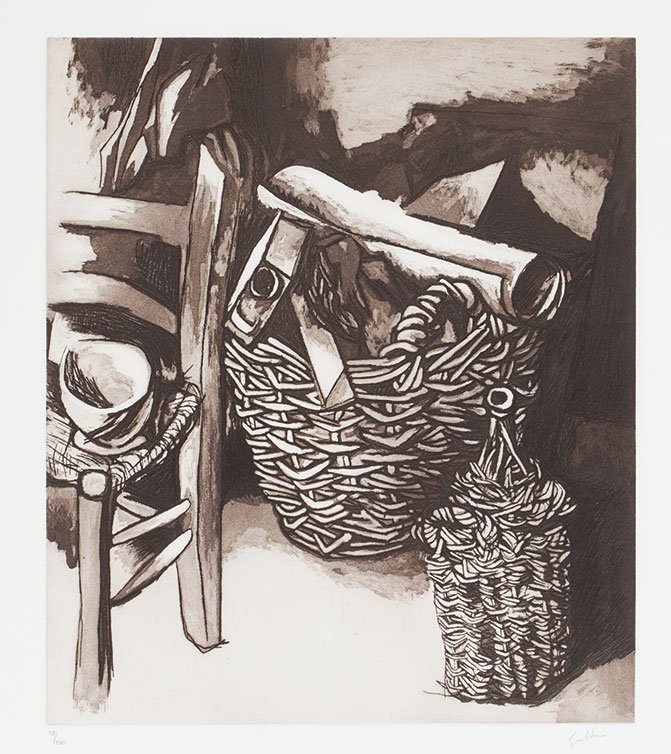 Renato Guttuso (Bagheria 1911 - Roma 1987): Cesti e sedie acquaforte acquatinta, es. 18/100, cm 46 x 40Firma a matita in basso a destraTimbro a secco all’angolo inferiore destro dello Stampatore Vigna Antoniniana, RomaRENATO GUTTUSO (BAGHERIA