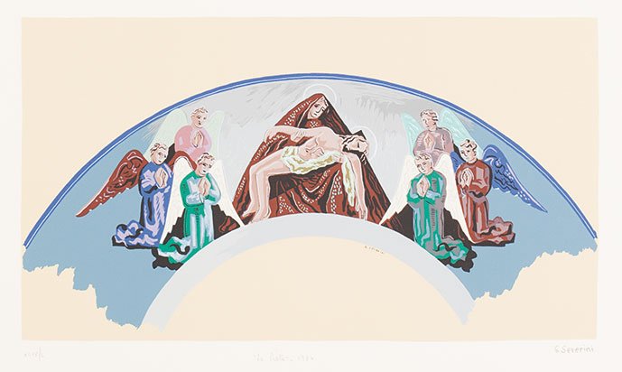 Gino Severini (Cortona 1883 - Parigi 1966): La Pietà, 1927 litografia a colori, es. XLIX/L, cm 50 x 70 (misure del foglio)Firma a matita in basso a destraTitolo e data al centroFirma nella lastraIn basso a sinistra timbro a secco dello Stampat