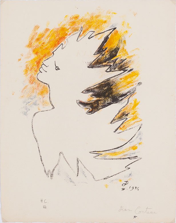 Jean Cocteau (Maisons-Lafitte 1889 - Milly la forêt: Figura, 1954 litografia a colori, es. H.C., cm 41 x 32,4 (misure del foglio)Firma a matita in basso a destraSigla e data nella lastraJEAN COCTEAU (MAISONS-LAFITTE 1889 - MILLY LA FORÊT 1963), FIGURE,