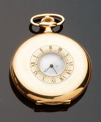 Orologio savonette IWC: occhio di bue, in oro giallo 18 kt, ref. 5405, movimento a vista a carica manuale completamente inciso, calibro C982, serie numerica 2291123, quadrante bianco a smalto, numeri romani, piccoli secondi 