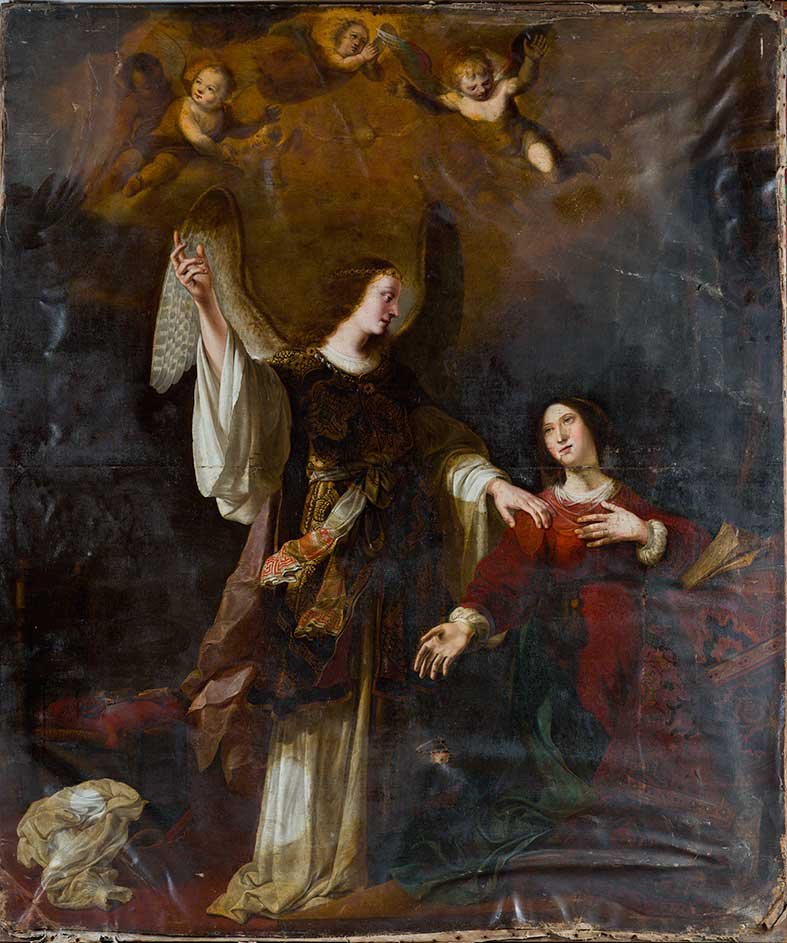 Adriaen Hanneman (L'Aia 1603 – 1671) Annunciazione: olio su tela, senza cornice, cm 196 x 165firmato e datato sullo schienale della sedia: Hanneman /1655 ADRIAEN HANNEMAN (THE HAGUE 1603- 1671), ANNUNCIATION, OIL ON CANVAS, WITHOUT FRAME, 196 X 165 CM,