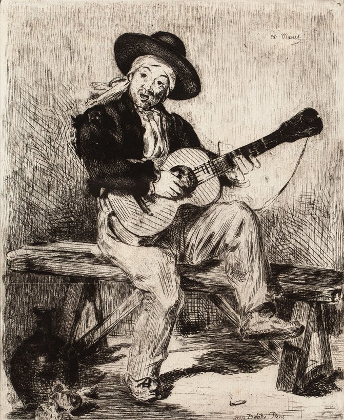 Edouard Manet (1832-1883) Le Guitarero, ou Chanteur: acquaforte, cm 29,7 x 24,5 Firmata in lastra in alto a destraEdouard Manet (1832-1883), Le Guitarero, ou Chanteur espagnol, 1861, ETCHING 29.7 X 24.5 CM, SIGNED