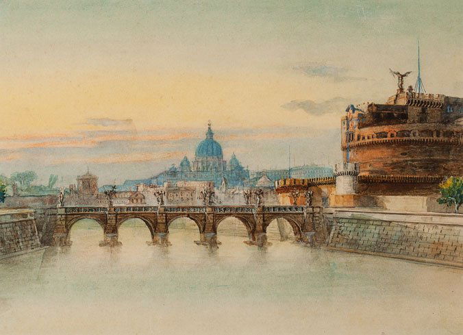 François Martin (scuola europea XIX - XX secolo) Castel: acquerello su cartoncino, cm 21,7 x 30,3 FRANÇOIS MARTIN (EUROPEAN SCHOOL XIX - XX CENTURY), CASTLE OF THE HOLY ANGEL AND SAN PETER’S BASILICA, WATERCOLOUR ON CARDBOARD, 21,7 X 30,3 CM