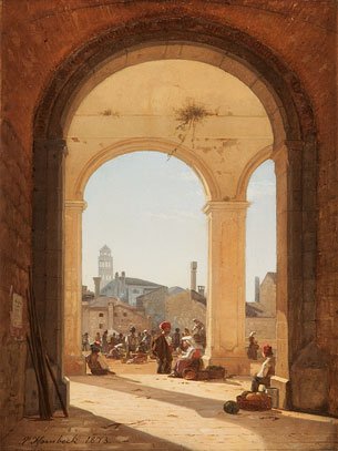 Peter Kornbeck (1837 - 1894) Dalmazia, Mercato a: olio su tela, cm 45 x 30Firmato e datato in basso a sinistra: P. Kornbeck 1873Sul retro, sulla cornice, antica scritta con riferimenti al pittore e al dipinto.PETER KORNBECK (1837 - 1894), DALMAZIA, M