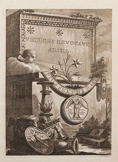 Antonini, Carlo : Manuale di varj ornamenti tratti dalle fabbriche, e frammenti antichi Rossetti 429 e 429 a; Berlin Kat. 594. Cicognara 401: "tavole in rame di bel disegno e buona esecuzione”. Copia in discreto stat