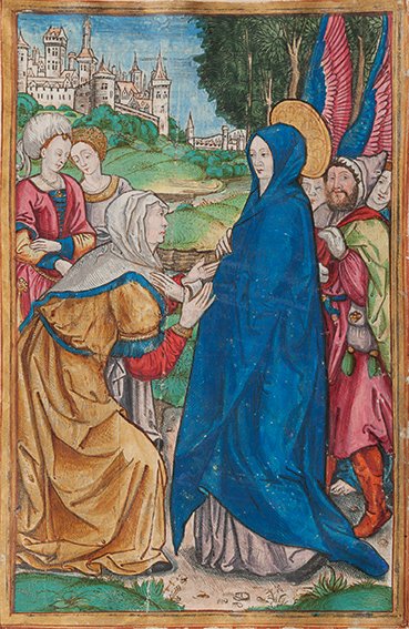 Miniatura - [Vostre, Simon]: Horae - Ces presentes heures a lusaige de Rome.. L'attribuzione al Vostre deriva dal fatto che in un libro da lui stampato si vede esattamente uno dei "metal cut" con cui è stata incisa parte della b