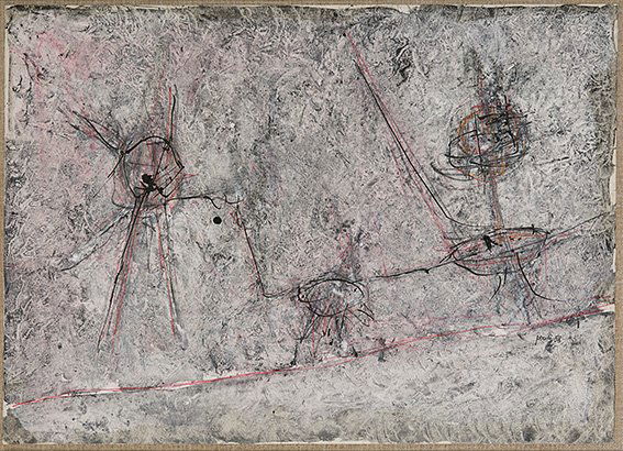 Achille Perilli (Roma 1927) Senza titolo, 1958: tecnica mista su carta applicata su tela, cm 35 x 49Firmato in basso a destra: Perilli 58 ACHILLE PERILLI (ROME 1927) UNTITLED, 1958, MIXED MEDIA ON PAPER ON CANVAS, CM 35 x 49 SIGNED BOTTOM RIGHT