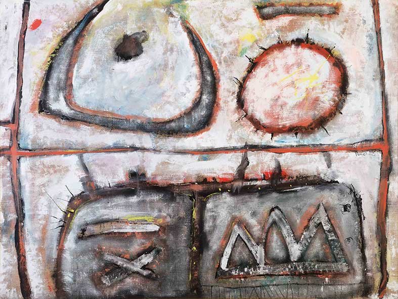 Martin Bradley (Richmond 1932) Le croissant et le: olio su tela, cm 97 x 130Firmato al centro verso destra: Martin Bradley, Le croissant et le soleil, 60F.Al verso timbro della Galleria del Naviglio, Milano, n°2537 PROVENIENZA: galleria Fontanella Bo