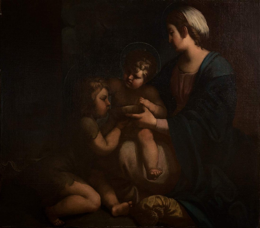 Bottega di Annibale Carracci (Bologna 1560 - Roma 1609): Madonna della scodella olio su tela, cm 98,5 x 113,5