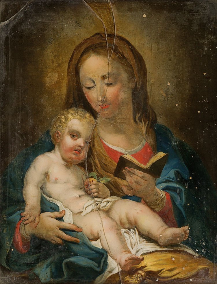 Scuola napoletana, secolo XVIII: Madonna con Bambino (difetti) dipinto sottovetro, cm 30,5 x 22,5Bibliografia: G. Funaro, R. Rivelli, Vetri dipinti italiani, Sant’Angelo in Vado 1998, fig. 28 p. 71, come “XVII - XVIII sec. Arte r
