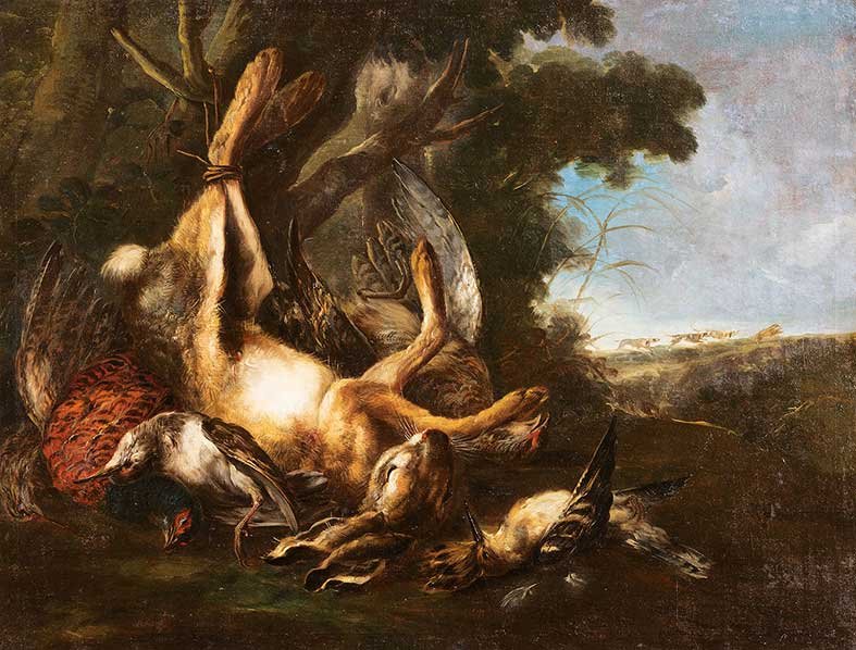 Giovanni Crivelli, detto il Crivellino (Parma 1690 -: Una lepre e cacciagione di penna en plein air; e Cacciagione di penna con gatto olio su tela, senza cornice, cm 74 x 97,5 ciascunoGIOVANNI CRIVELLI, CALLED CRIVELLINO (PARMA 1690 - 1760), A HARE AND B