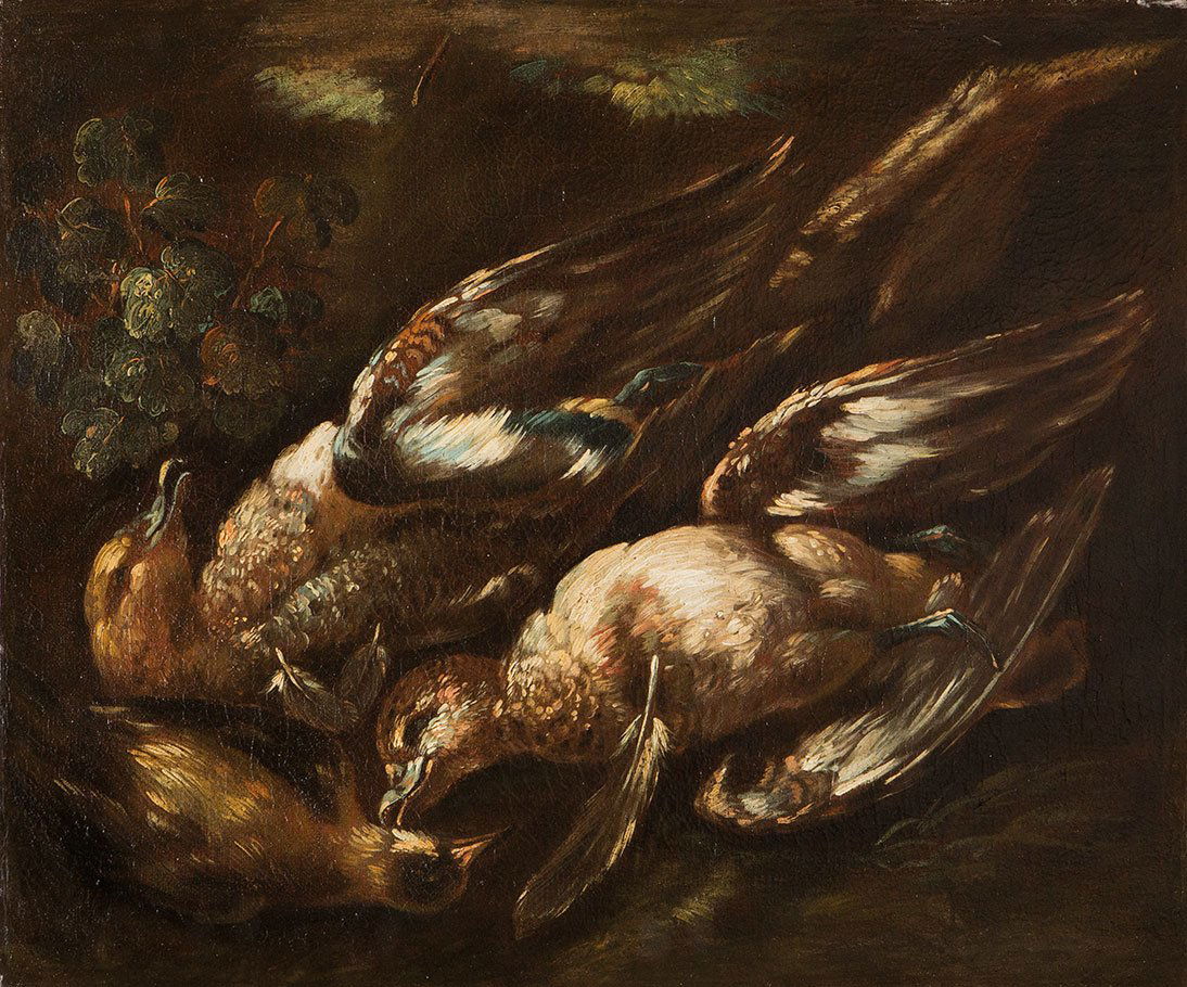 Giovanni Crivelli, detto il Crivellino (Parma 1690 -: Due nature morte con cacciagione di penna olio su tela, cm 47 x 58 ciascunaGIOVANNI CRIVELLI, CALLED CRIVELLINO (PARMA 1690 - 1760) A PAIR OF STILL LIFES WITH WILD GAME, OIL ON CANVAS 47 x 58 CM EACH