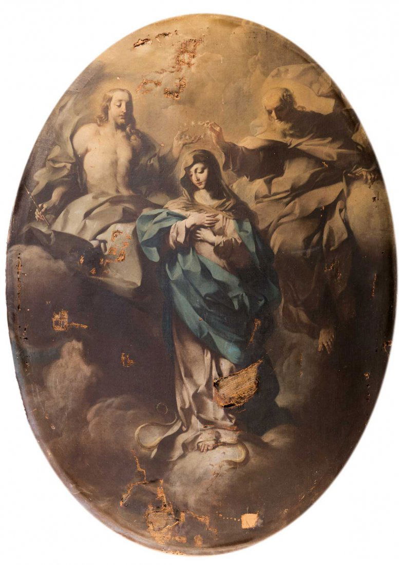 Giovanni Domenico Ferretti, detto L'Imola (Firenze: Incoronazione della Vergine olio su tela originale, in ovale, entro cornice coeva, cm 160 x 117firmato e datato sul retro: Gio.ni Do.co Ferretti F. / 1727