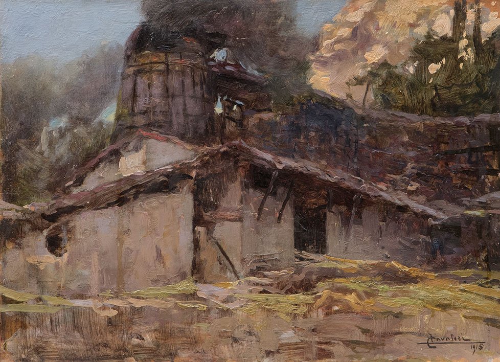Ludovico Cavaleri (Milano 1861 - Cuvio 1942): “Le fornaci di Ispra / Lago Maggiore / Agosto 1915” olio su legno, cm 31,7 x 43,7Firmato e datato in basso a destra: L Cavaleri / 1915Sul retro firma, titolo e data di mano dell’artista.LUDOVICO