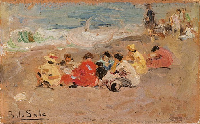 Paolo Sala (Milano 1859 - 1929): Figure in riva al mare olio su cartone, cm 10,2 x 16,5Firmato in basso a sinistra: Paolo SalaSul retro scritta con antico numero di riferimento (27).PAOLO SALA (MILAN 1859 - 1929), FIGURES ON THE SHOR
