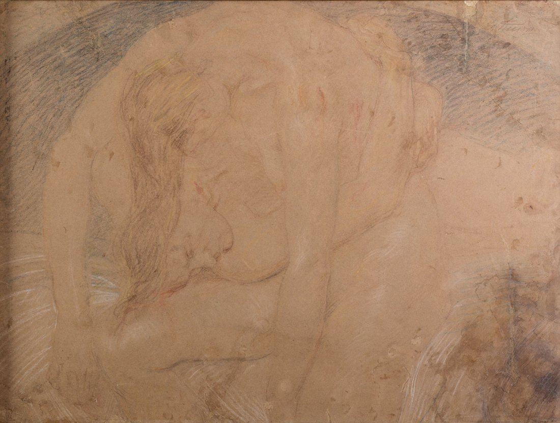 Gino Piccioni (Foligno 1873 - Biella 1941): Gli amanti pastello su cartoncino riportato su cartone, cm 51, 5 x 68,5Firmato in alto a destra: G PiccioniGINO PICCIONI (FOLIGNO 1873 - BIELLA 1941), THE LOVERS, PASTEL ON CARD LAID ON CARDBOARD, CM 