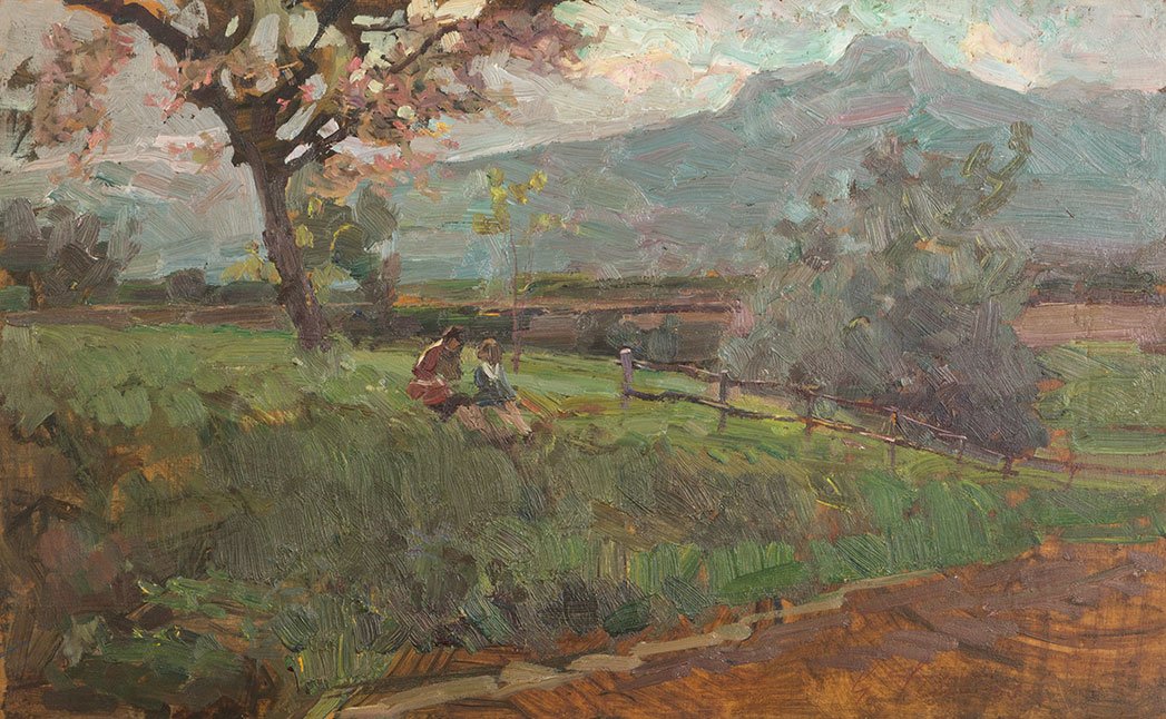 Gino Piccioni (Foligno 1873 - Biella 1941): Confidenze in primavera olio su tavola, cm 27 x 43,5Firmato in basso a destra: G PiccioniGINO PICCIONI (FOLIGNO 1873 - BIELLA 1941), CONFIDENCES IN SPRING, OIL ON BOARD, CM 27 x 43,5, SIGNED LOWER RIG
