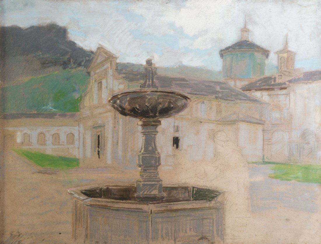 Gino Piccioni (Foligno 1873 - Biella 1941): Piazza con l’antica chiesa pastello su cartoncino, cm 64,5 x 85GINO PICCIONI (FOLIGNO 1873 - BIELLA 1941), SQUARE WITH THE OLD CHURCH, PASTEL ON CARD, CM 64,5 x 85